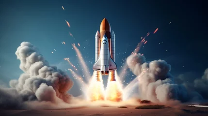 Poster Launching new product or service. Technology development process. Space rocket launch.    © Ghouri