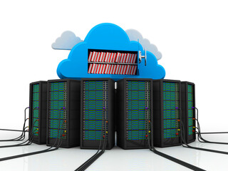 3d illustration Data center server with books in cloud storage