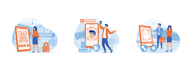 Fototapeta na wymiar Face recognition.Data safety. Mobile phone users getting access to data after biometric checking. Face recognition set flat vector modern illustration