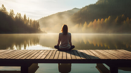 Young woman meditating on a wooden pier on the edge of a lake in a peaceful natural environment, yoga, mindfulness, relaxation, tranquility - obrazy, fototapety, plakaty