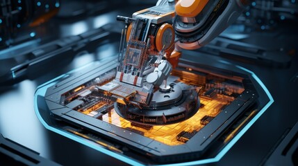 A contemporary, high-tech robot arm holding an advanced supercomputer processor. Industrial Robotic Manipulator End Effector Holding CPU Chip