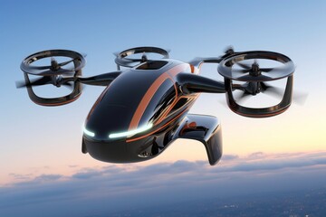 Self driving Passenger Drone flying in the sky. 3D rendering, Generative AI 