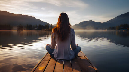 young woman practicing meditation and yoga trying to find her inner peace in a peaceful natural environment - obrazy, fototapety, plakaty