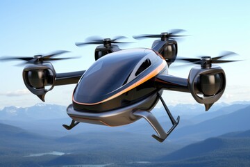 Self driving Passenger Drone flying in the sky. 3D rendering, Generative AI  - obrazy, fototapety, plakaty