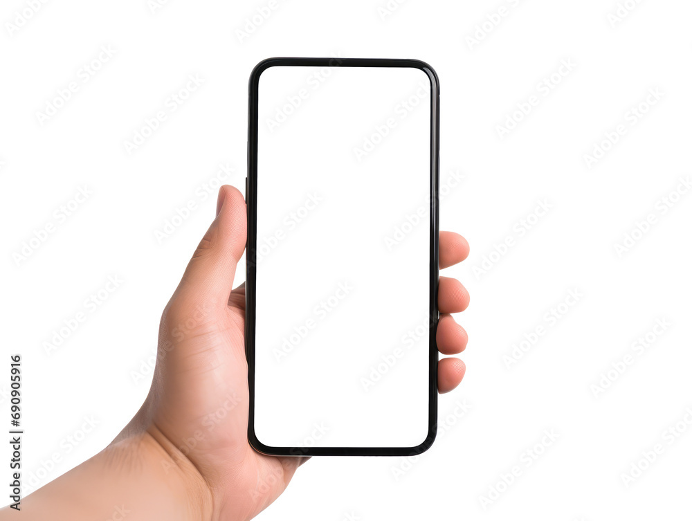 Poster Hand holding smartphone with blank screen on transparent background. Technology and communication concept. Generative AI
