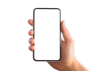 Male hand presenting smartphone with blank screen, ideal for app display. Generative AI