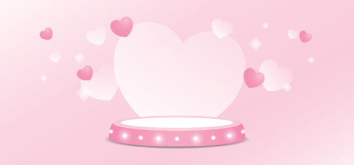 cute lovely hearts element with pink light bulb podium stage display 3d illustration vector graphic for putting object or product