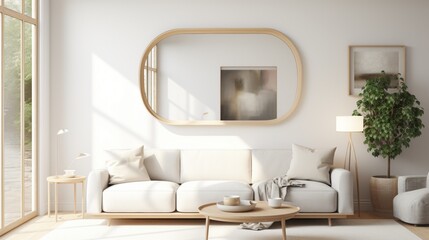 A modern square wall mirror with rounded edges, displaying a clear reflection of a cozy living area.