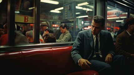 People in subway. New York life in the 1960s. Photorealistic illustration. Streets of New York.  - obrazy, fototapety, plakaty