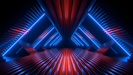 Sci Fi neon glowing lines in a dark tunnel. Reflections on the floor and ceiling. Empty background in the center. 3d rendering image. Abstract glowing lines. Technology futuristic background.