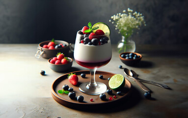 Panakota dessert made of fresh berries with cream is in a glass glass