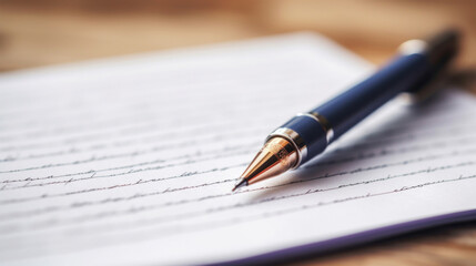 Pen and contract on wooden table, close-up. Business concept