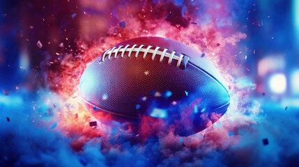 American football ball flying in fire and smoke background