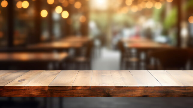 Empty wooden table and blurred cafe background, can be used for display or montage your products. Generative Ai
