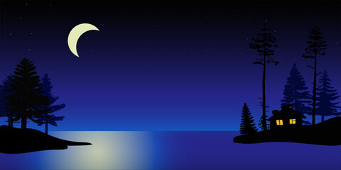 silhouette of a house on the lake at night among firs and pines
