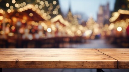 Empty table with blurred christmas or winter market in the background, copy space, 16:9