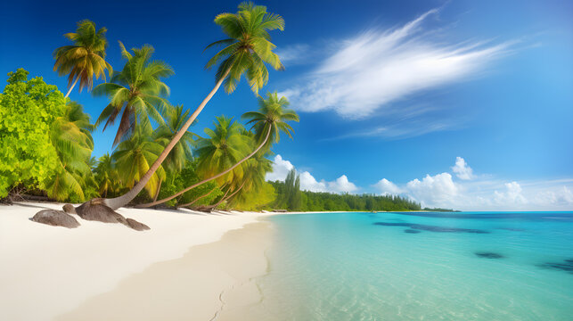 Beautiful tropical beach with white sand, palm trees, turquoise ocean against blue sky with clouds on sunny summer day. Perfect landscape background for relaxing vacation.