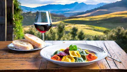Gourmet Palette: Colorful Ravioli, Bread, and Wine Delight for Celebration