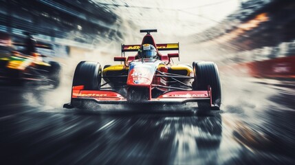 Racing driver passes the finish point and motion blur background. Motion blur background. Blur shows speed of Formula 1 - obrazy, fototapety, plakaty