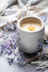 Candle and a branch of gypsophila flowers