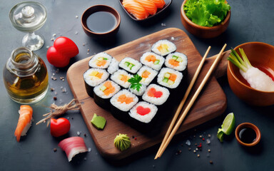 Fototapeta na wymiar Heart shaped Valentine day sushi set. Classic sushi rolls, philadelphia, maki set for two, with two pairs of chopsticks for Valentine's dating dinner