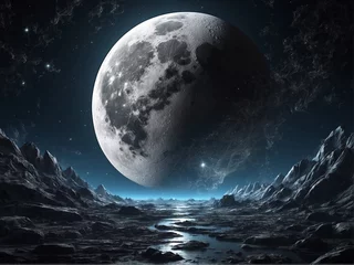 Peel and stick wall murals Full moon and trees Moon Over the Sea: Luminous Celestial Orb Above Waters, Tranquil Nighttime Scene with Moon's Glow, Lunar Radiance on the Ocean's Horizon