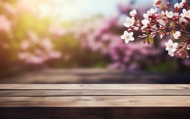 Beautiful blooming spring flowers branches background. Wooden table, display with copy space for product presentation.