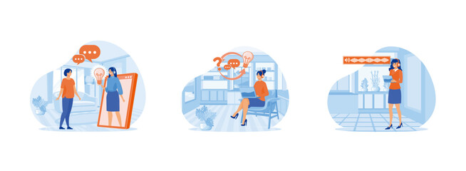 Concept customer and operator, online assistant at work, Office girl with laptop microphone dynamic icon, sound waves. Online assistant (2) set flat vector modern illustration