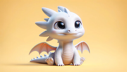 Super cute white baby dragon. Cartoon fluffy dragon character. Funny Fantasy monster. Isolated on a plain yellow background. Children's books, fairy-tale hero. AI illustration for children. Copy space