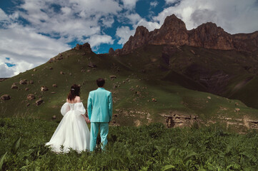 Fototapeta na wymiar Wedding. A guy and a girl in a white dress stand on a green field opposite the mountains and look at the high rocky ridges