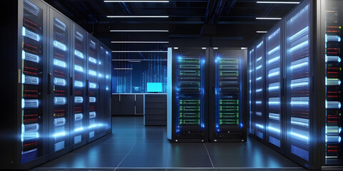 Modern Data Technology Center Server Racks Working in Dark Facility. Concept of Internet of Things, Big Data Protection, Storage, Cryptocurrency Farm, Cloud Computing.