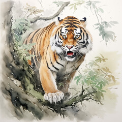 Tigers on a tree, water colour,  ai generated