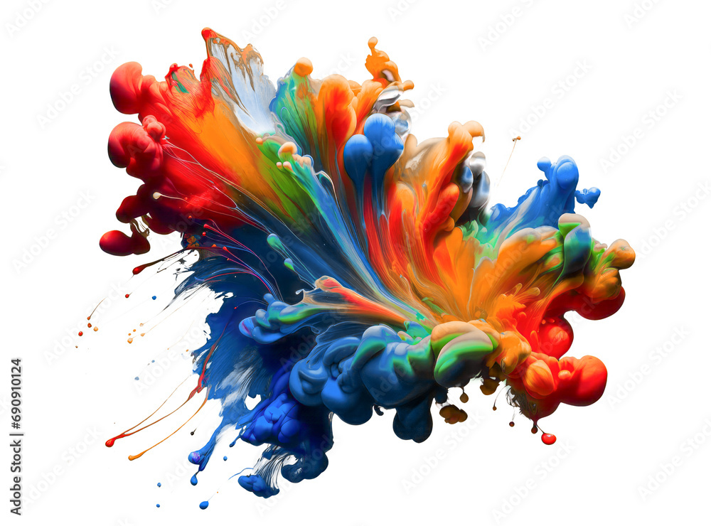 Poster vivid explosion of colorful paint splashes on white background, creativity concept. generative ai