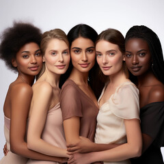 Five women with different skin tones represent diversity and ethnicity. Banner for advertising beauty diversity