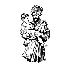 Hand drawn Indian Father with Male Child outline