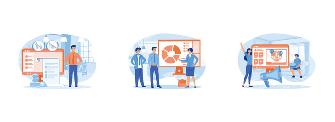 Cost optimization online service. Employees care idea. Maintenance of the brand reputation. Online service 2 flat vector modern illustration 