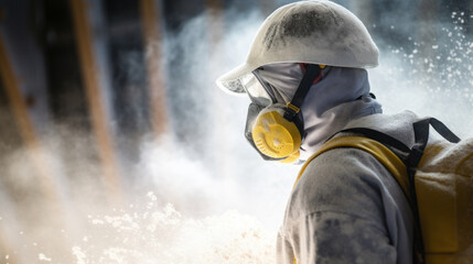 Professional construction worker wearing a high-grade dust mask, surrounded by lot of floating particles of glass wool dust in a construction site - obrazy, fototapety, plakaty