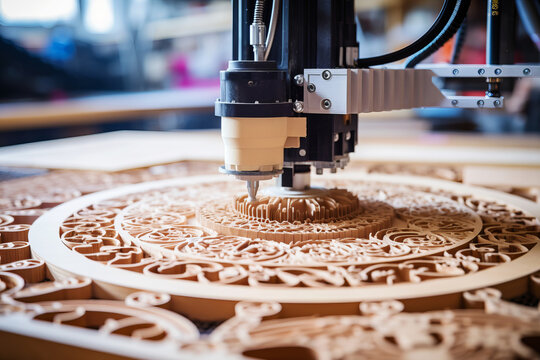 Close-up of a wood carving CNC router cutting out patterns