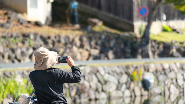 Action of a person in winter coat is using a smartphone to taking a view with background of urban public park. Leisure acitivity photo.