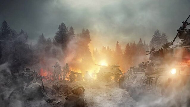 Tanks and infantry fighting in the battlefield of a world war at dawn. An explosion and soldiers fighting in the battle of a war is seen in a wasteland.