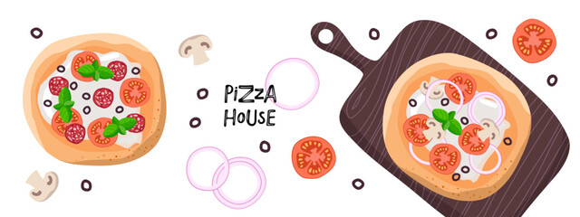 Pizza House banner. Serving pizza and ingredients tomato, onion, mushroom, mozzarella, basil. Pizza cartoon flat vector illustration. Traditional italian dish. Colorful Restaurant Nutrition page
