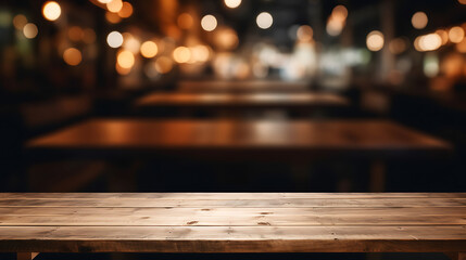 Empty wooden table space platform and blurred resturant or coffee shop background for product display montage. Generative Ai