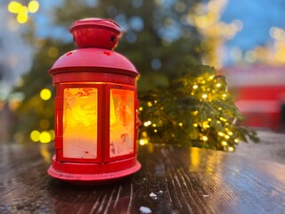 Flashlight on the street, Christmas time, cozy evening outside 