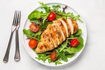 Chicken fillet with salad. Healthy food, keto diet, diet lunch concept. Top view on white background.generative ai.