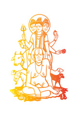 vector sketch of God Shri Dattatreya and Swami Samartha Maharaj with dogs and cow in the background