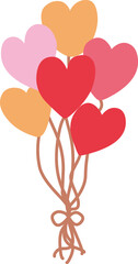 赤やピンクのハート形の風船が束になっている手描き風イラスト