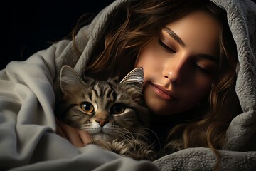 adorable young woman with a comfortable blanket and an adorable kitten