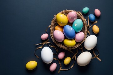 Beautiful Easter eggs in a basket with a dark blue background. Easter eggs background with copy space.