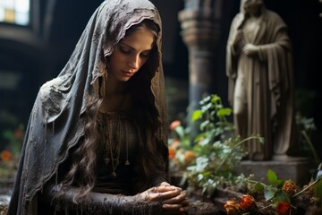 realistic virgin mary praying in a cemetery on a rainy day - obrazy, fototapety, plakaty