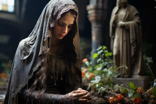 realistic virgin mary praying in a cemetery on a rainy day